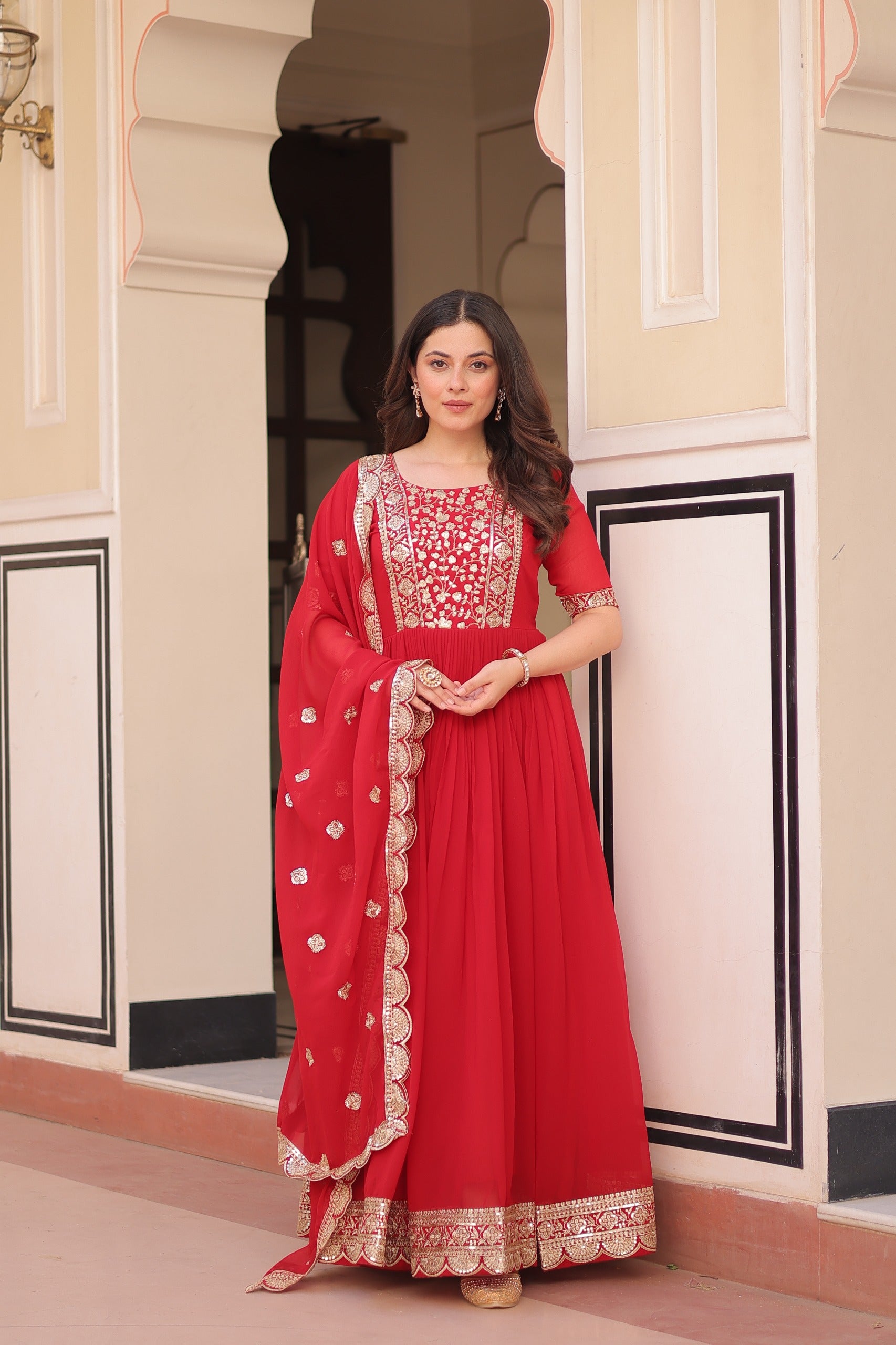 Red Embroidered Zari Sequins Gown with Dupatta