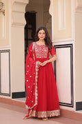 Red Embroidered Zari Sequins Gown with Dupatta