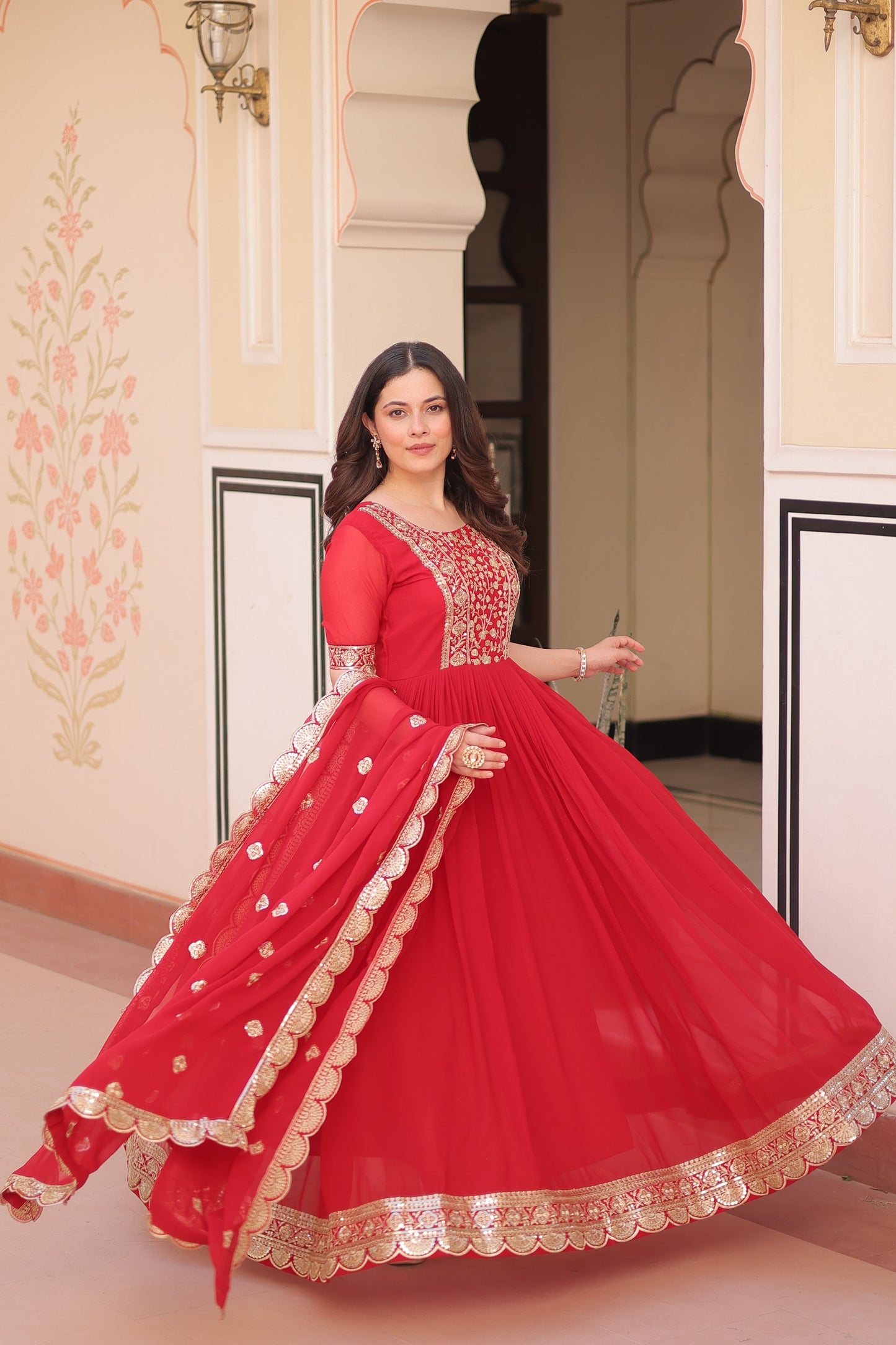 Red Embroidered Zari Sequins Gown with Dupatta