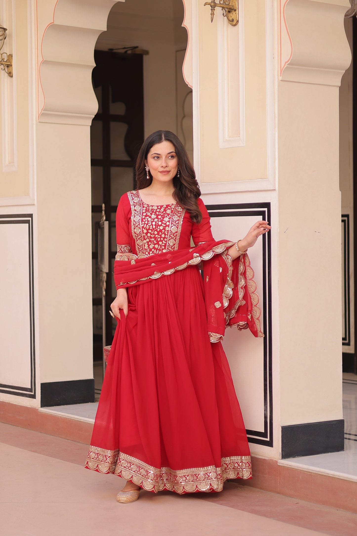 Red Embroidered Zari Sequins Gown with Dupatta