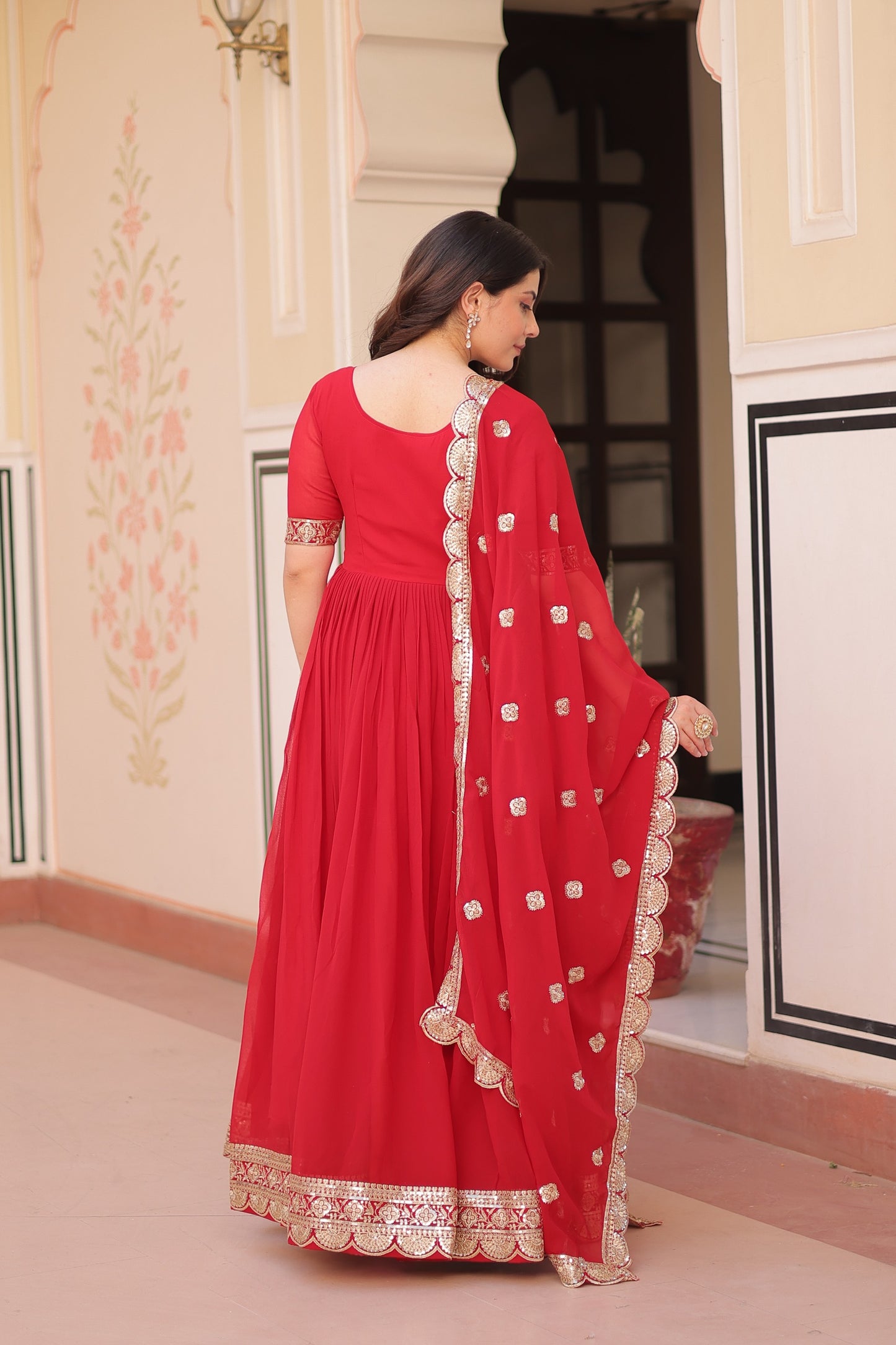 Red Embroidered Zari Sequins Gown with Dupatta