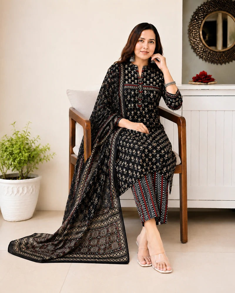 Designer Black Pure Jaipuri TAJ Cotton Suit Set