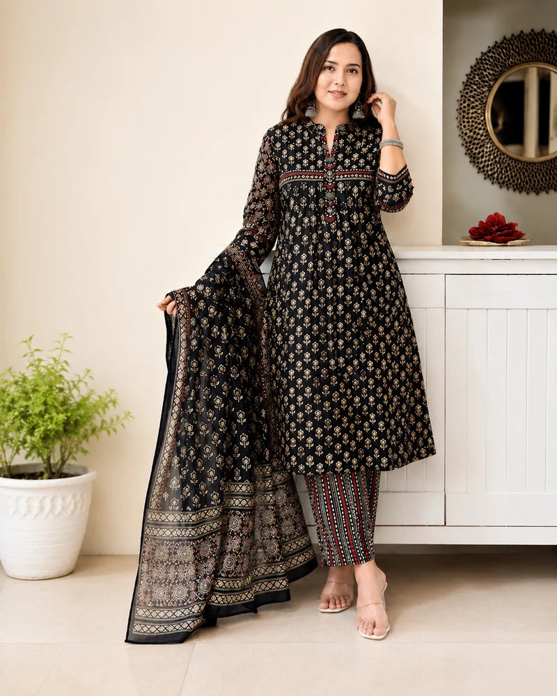 Designer Black Pure Jaipuri TAJ Cotton Suit Set