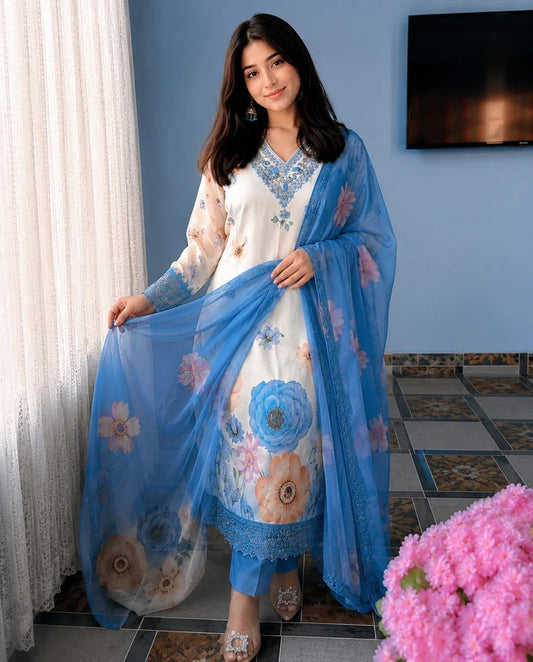 Soft Cotton Chiffon Designer 3 Piece Suit Set