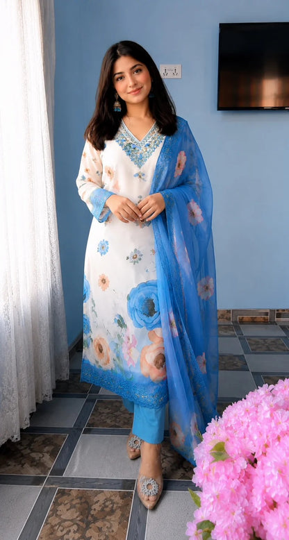 Soft Cotton Chiffon Designer 3 Piece Suit Set