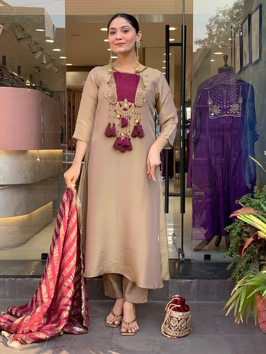 Premium Soft Silk Blend Embroidered Kurta Set with Designer Dupatta