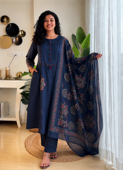 Pure Cotton Navy Blue Patchwork A-Line Kurta Pant Dupatta Set
