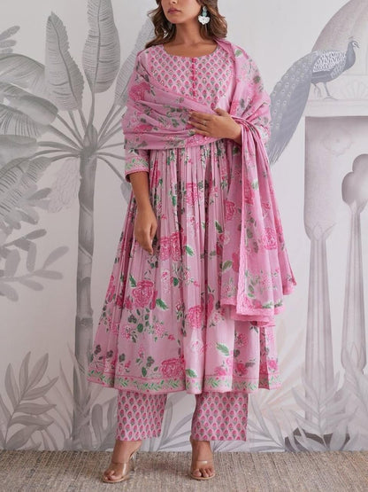 Premium Floral Printed Pure Jaipuri Cotton Anarkali Suit Set