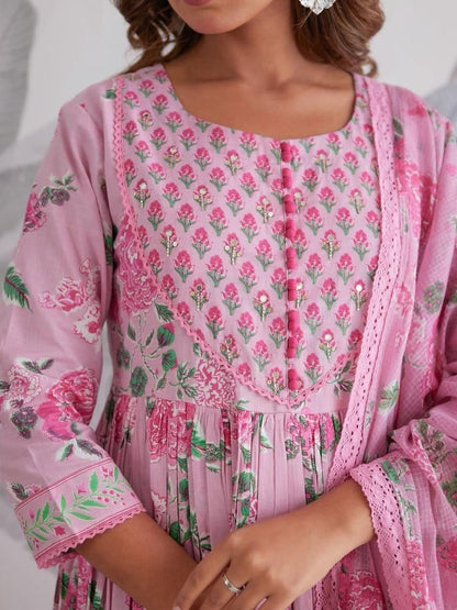 Premium Floral Printed Pure Jaipuri Cotton Anarkali Suit Set