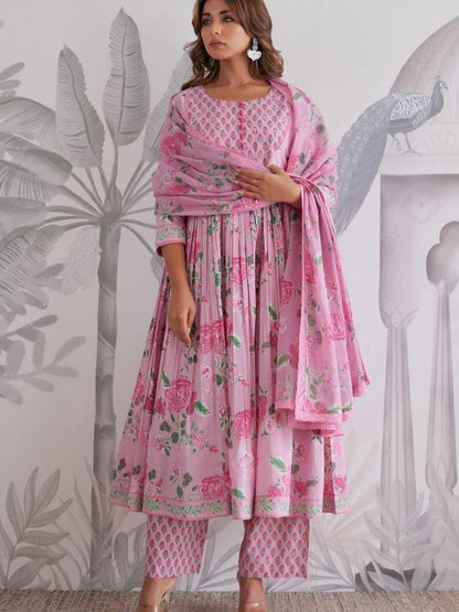 Premium Floral Printed Pure Jaipuri Cotton Anarkali Suit Set