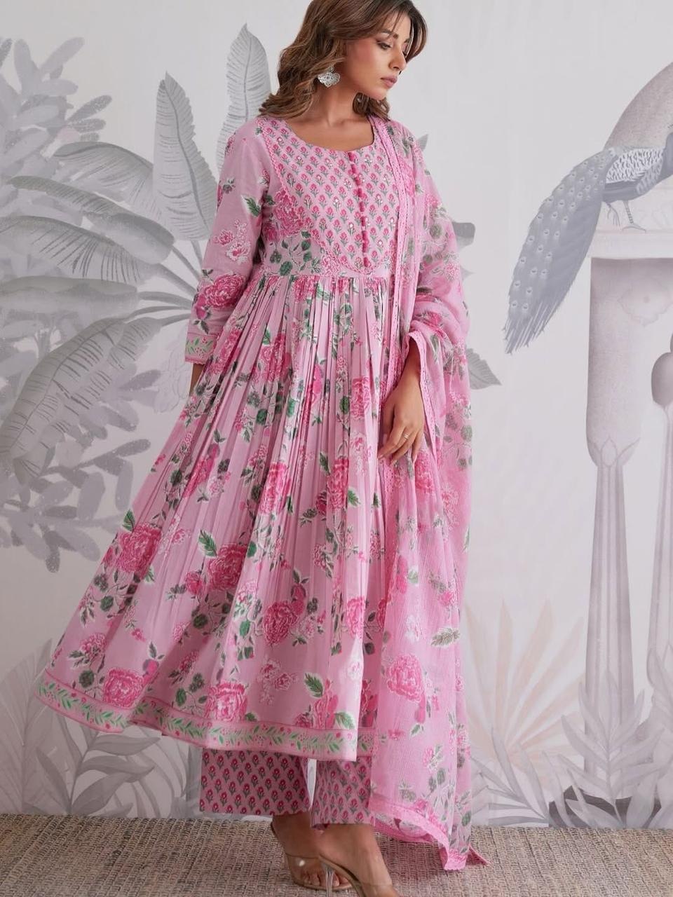 Premium Floral Printed Pure Jaipuri Cotton Anarkali Suit Set