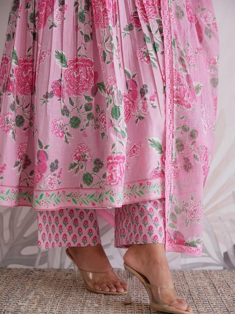 Premium Floral Printed Pure Jaipuri Cotton Anarkali Suit Set