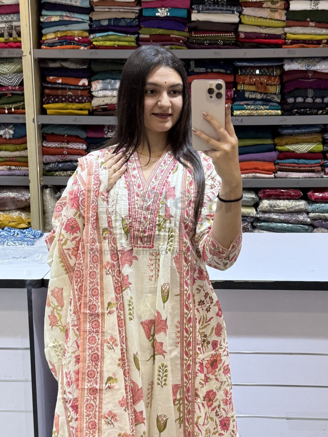 Elegant Floral Printed Pure Cotton Anarkali Kurta Set with Dupatta