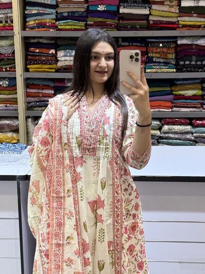 Elegant Floral Printed Pure Cotton Anarkali Kurta Set with Dupatta