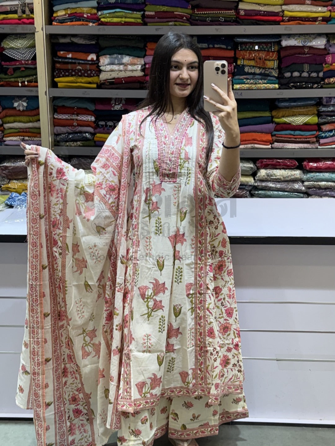 Elegant Floral Printed Pure Cotton Anarkali Kurta Set with Dupatta