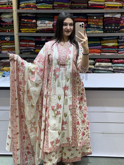 Elegant Floral Printed Pure Cotton Anarkali Kurta Set with Dupatta