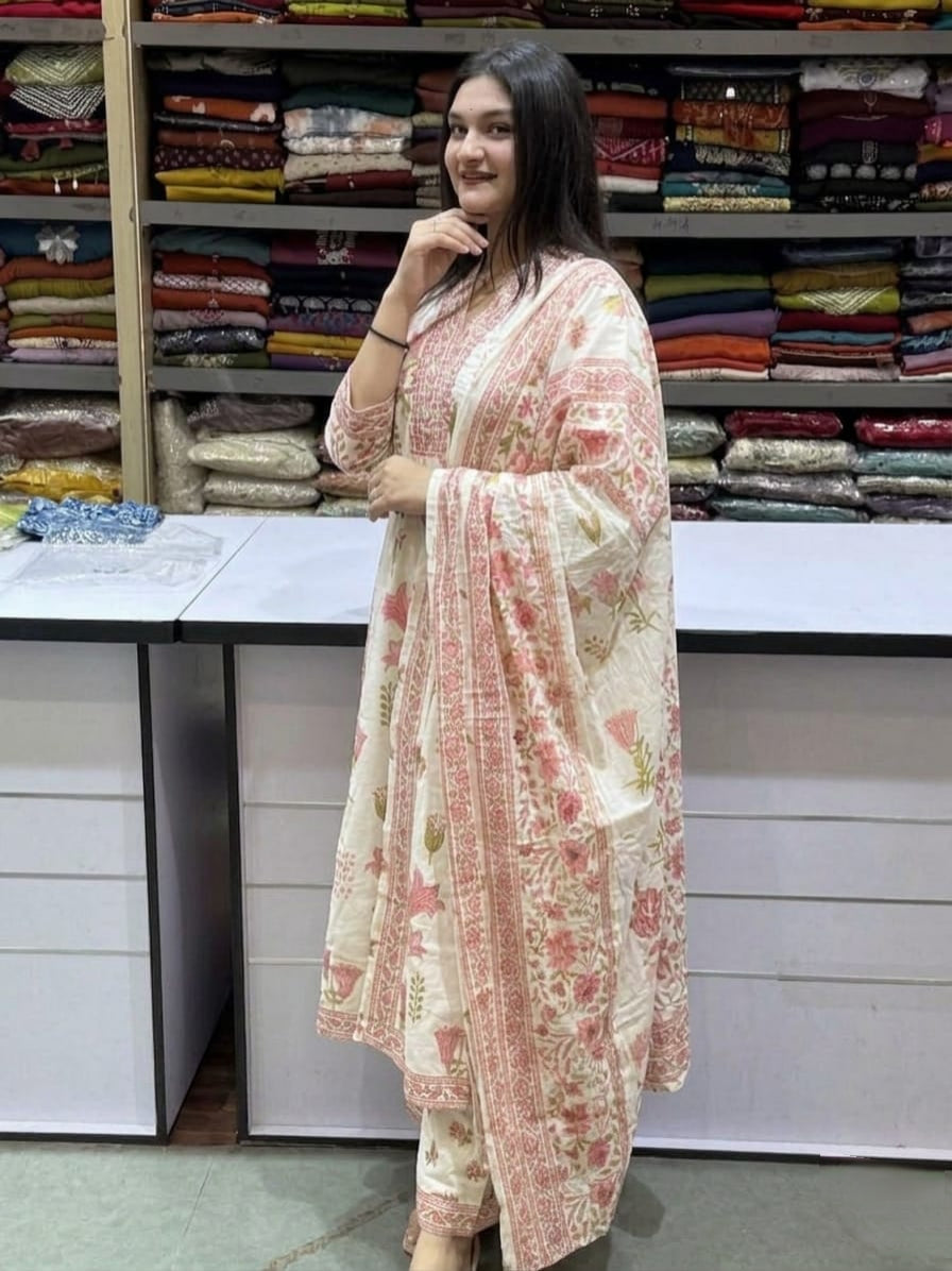 Elegant Floral Printed Pure Cotton Anarkali Kurta Set with Dupatta