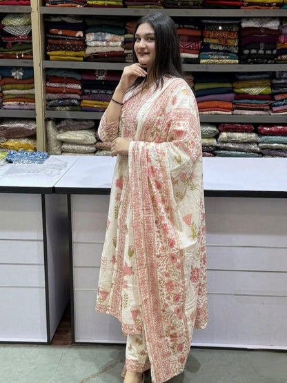 Elegant Floral Printed Pure Cotton Anarkali Kurta Set with Dupatta