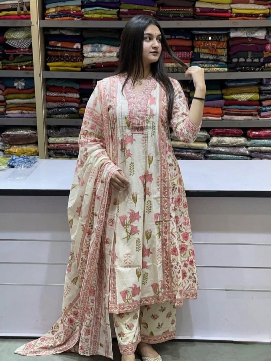 Elegant Floral Printed Pure Cotton Anarkali Kurta Set with Dupatta