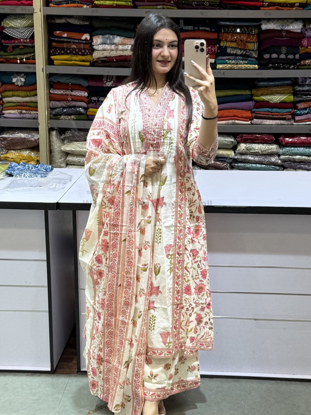 Elegant Floral Printed Pure Cotton Anarkali Kurta Set with Dupatta