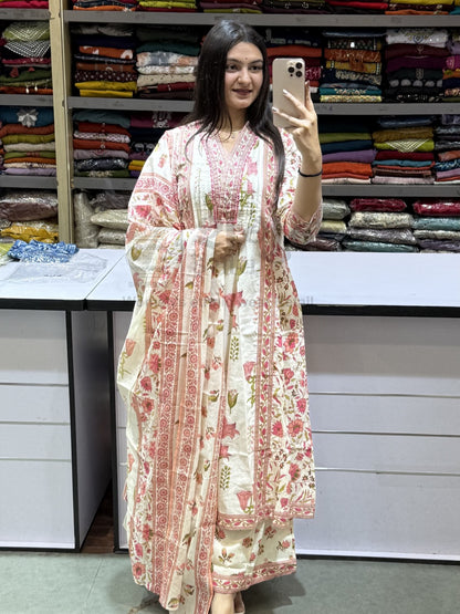 Elegant Floral Printed Pure Cotton Anarkali Kurta Set with Dupatta