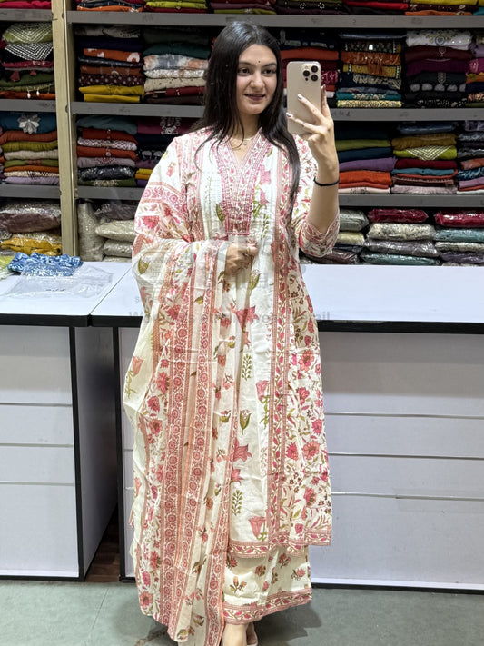 Elegant Floral Printed Pure Cotton Anarkali Kurta Set with Dupatta