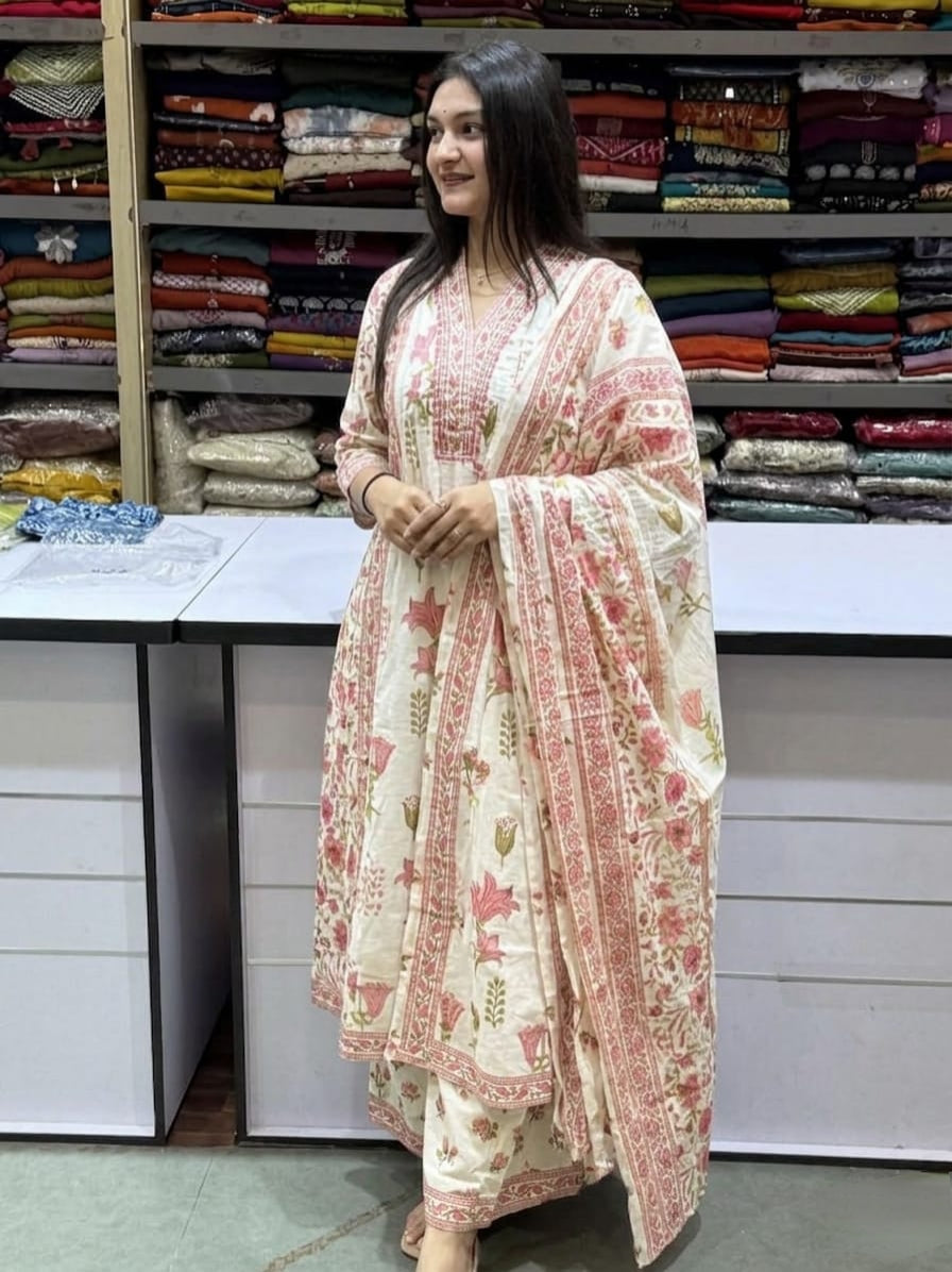 Elegant Floral Printed Pure Cotton Anarkali Kurta Set with Dupatta