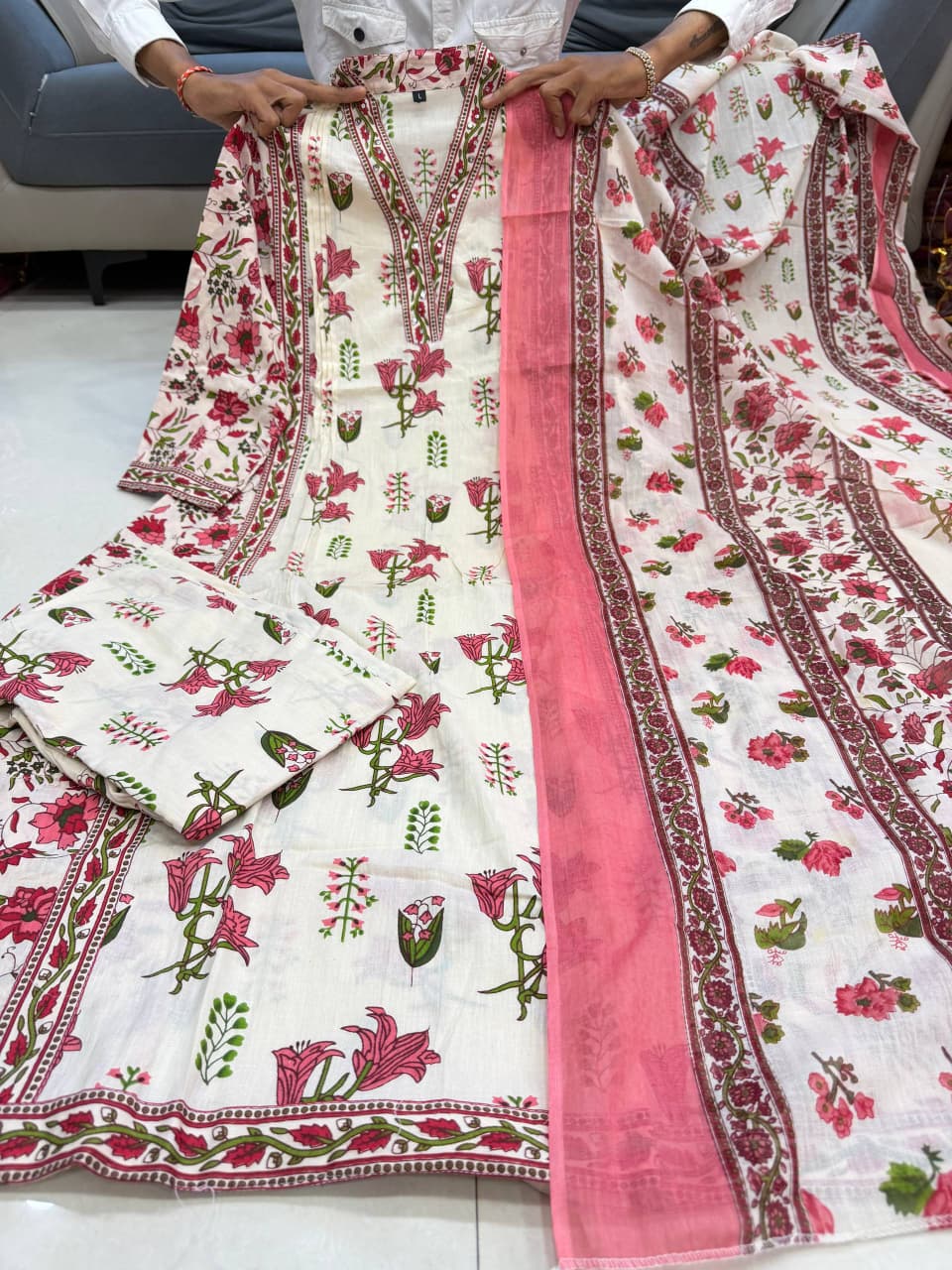 Elegant Floral Printed Pure Cotton Anarkali Kurta Set with Dupatta