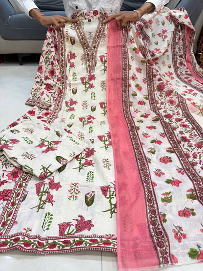 Elegant Floral Printed Pure Cotton Anarkali Kurta Set with Dupatta