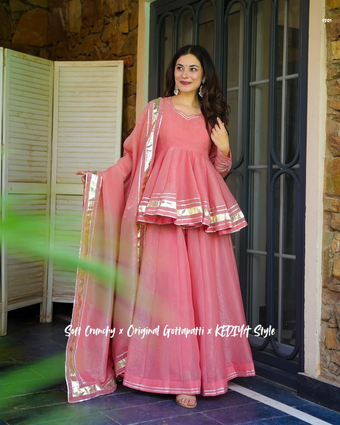 Premium Coral Pink Crunchy Crush Kediya Style Sharara Set with Dupatta