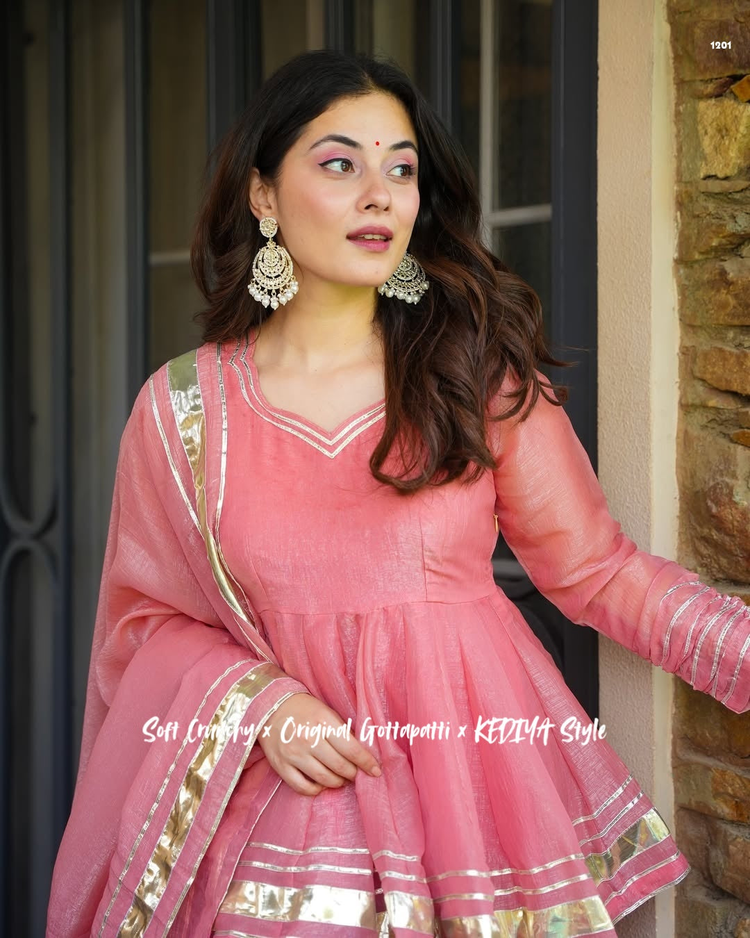 Premium Coral Pink Crunchy Crush Kediya Style Sharara Set with Dupatta