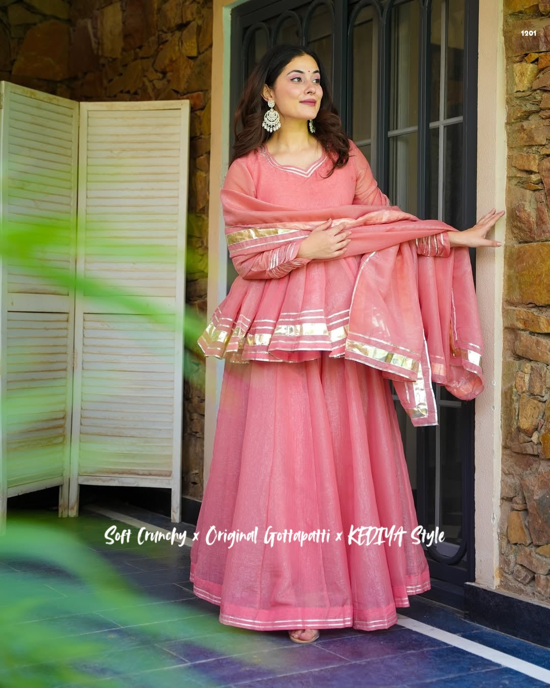 Premium Coral Pink Crunchy Crush Kediya Style Sharara Set with Dupatta