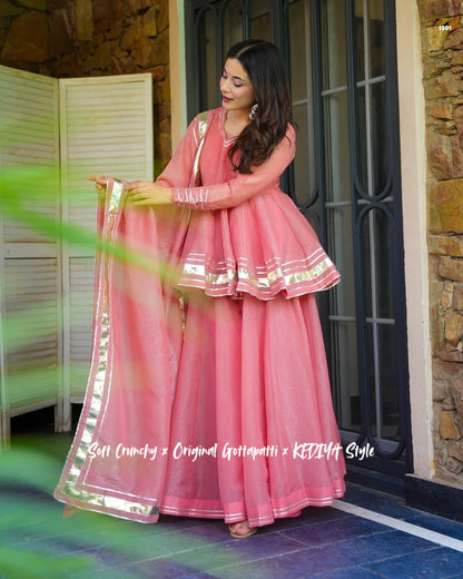 Premium Coral Pink Crunchy Crush Kediya Style Sharara Set with Dupatta