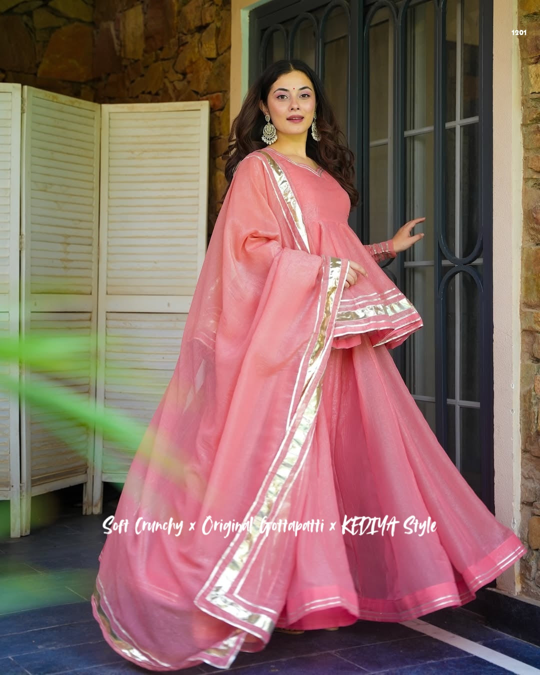 Premium Coral Pink Crunchy Crush Kediya Style Sharara Set with Dupatta