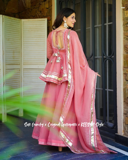 Premium Coral Pink Crunchy Crush Kediya Style Sharara Set with Dupatta