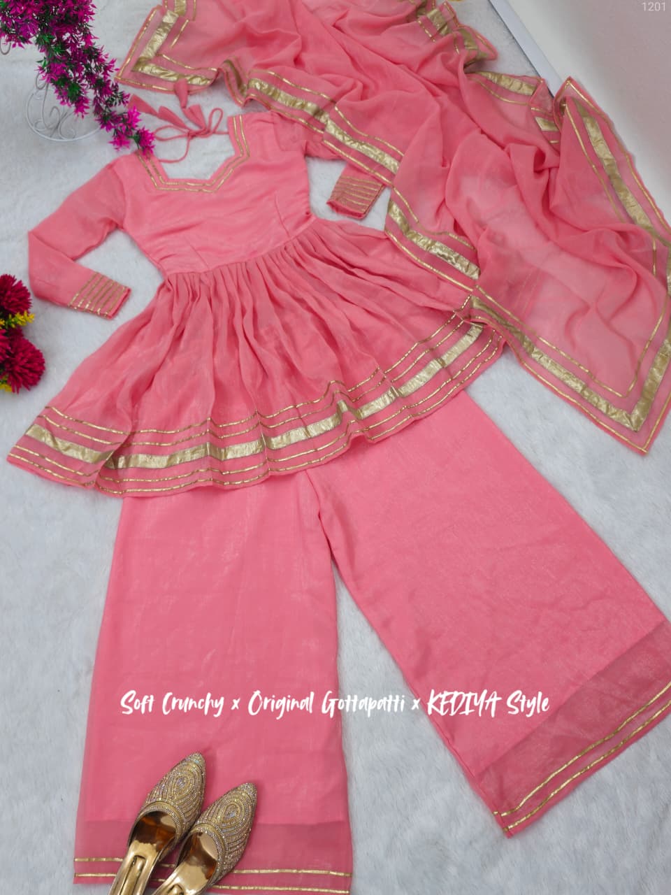 Premium Coral Pink Crunchy Crush Kediya Style Sharara Set with Dupatta