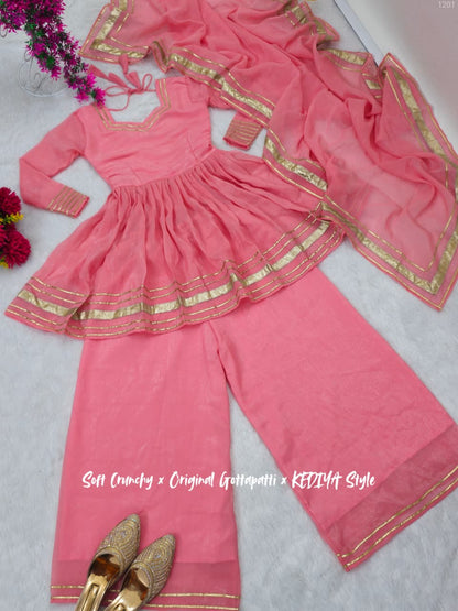 Premium Coral Pink Crunchy Crush Kediya Style Sharara Set with Dupatta