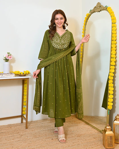 Elegant Olive Green Mul Chanderi Embroidered Anarkali Suit Set with Dupatta
