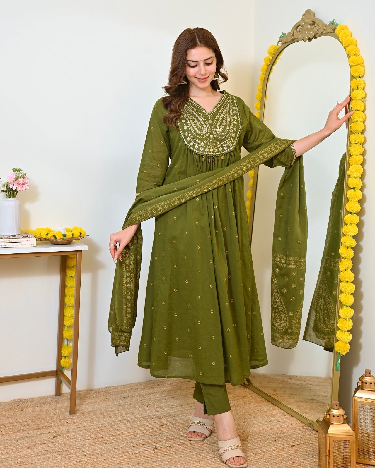 Elegant Olive Green Mul Chanderi Embroidered Anarkali Suit Set with Dupatta