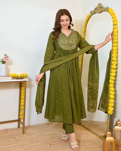 Elegant Olive Green Mul Chanderi Embroidered Anarkali Suit Set with Dupatta