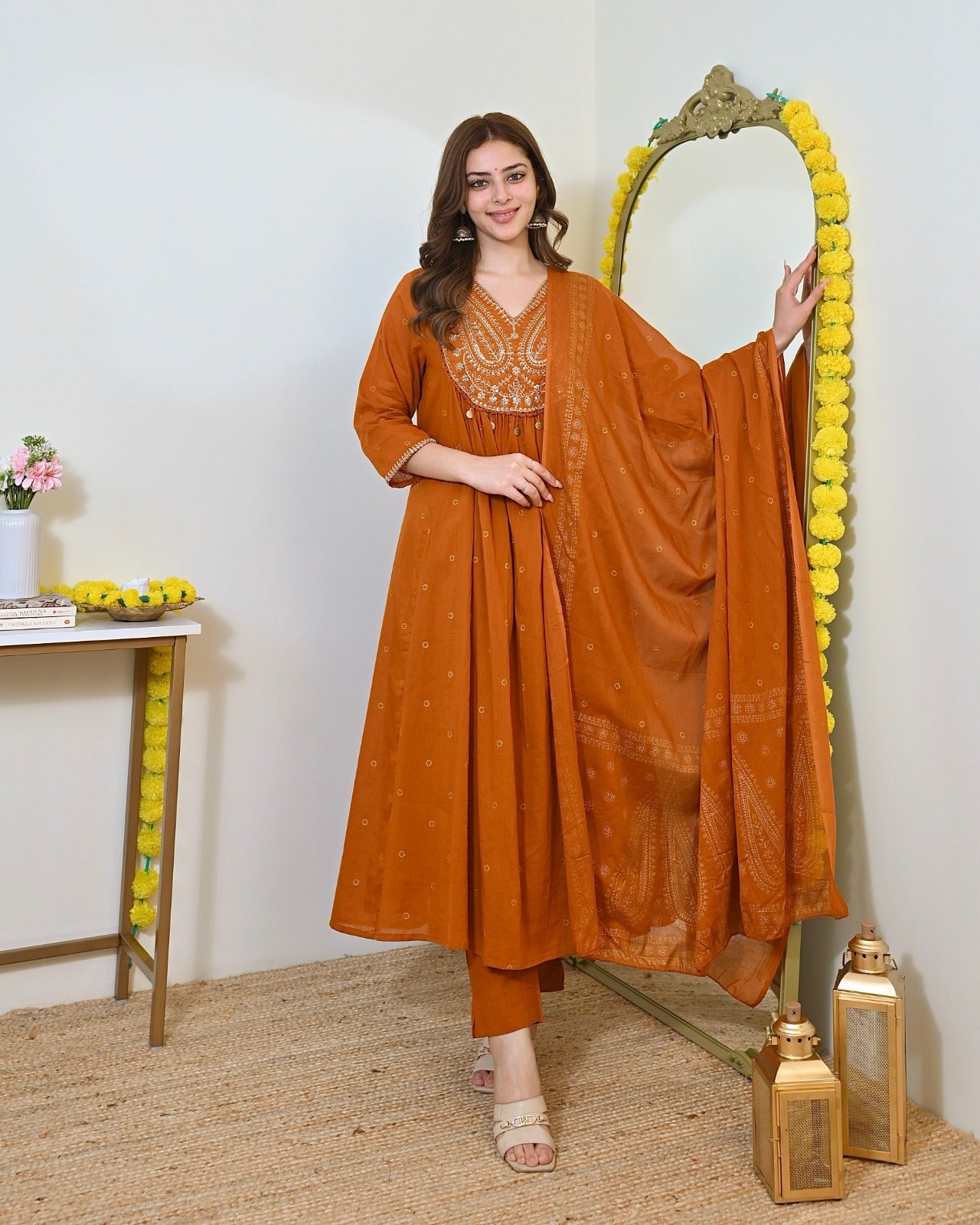 Elegant Orange Mul Chanderi Embroidered Anarkali Suit Set with Dupatta