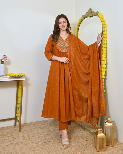 Elegant Orange Mul Chanderi Embroidered Anarkali Suit Set with Dupatta
