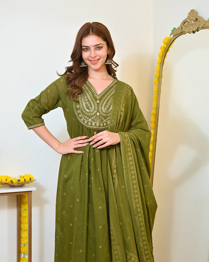 Elegant Olive Green Mul Chanderi Embroidered Anarkali Suit Set with Dupatta