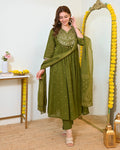 Elegant Olive Green Mul Chanderi Embroidered Anarkali Suit Set with Dupatta