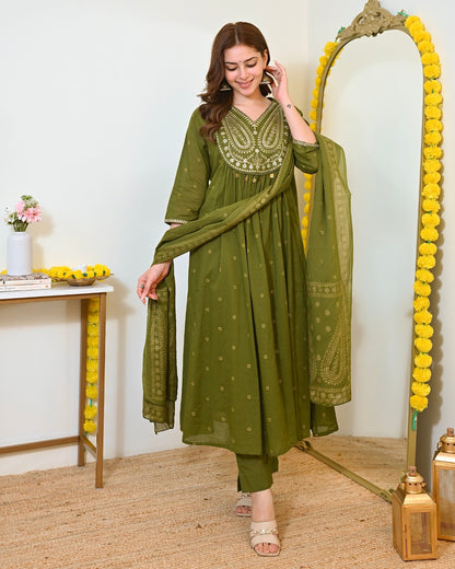 Elegant Olive Green Mul Chanderi Embroidered Anarkali Suit Set with Dupatta
