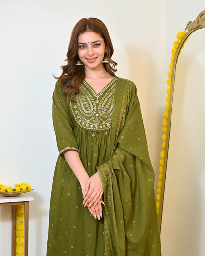 Elegant Olive Green Mul Chanderi Embroidered Anarkali Suit Set with Dupatta