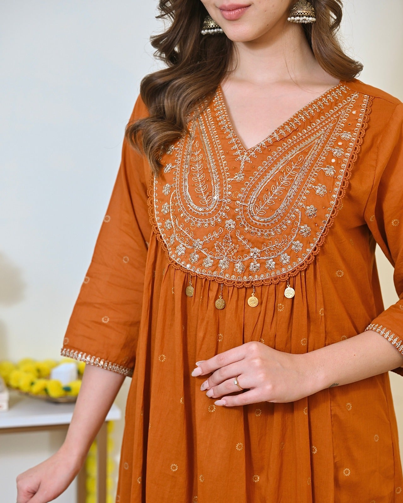 Elegant Orange Mul Chanderi Embroidered Anarkali Suit Set with Dupatta