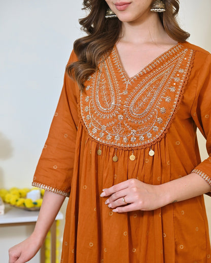 Elegant Orange Mul Chanderi Embroidered Anarkali Suit Set with Dupatta
