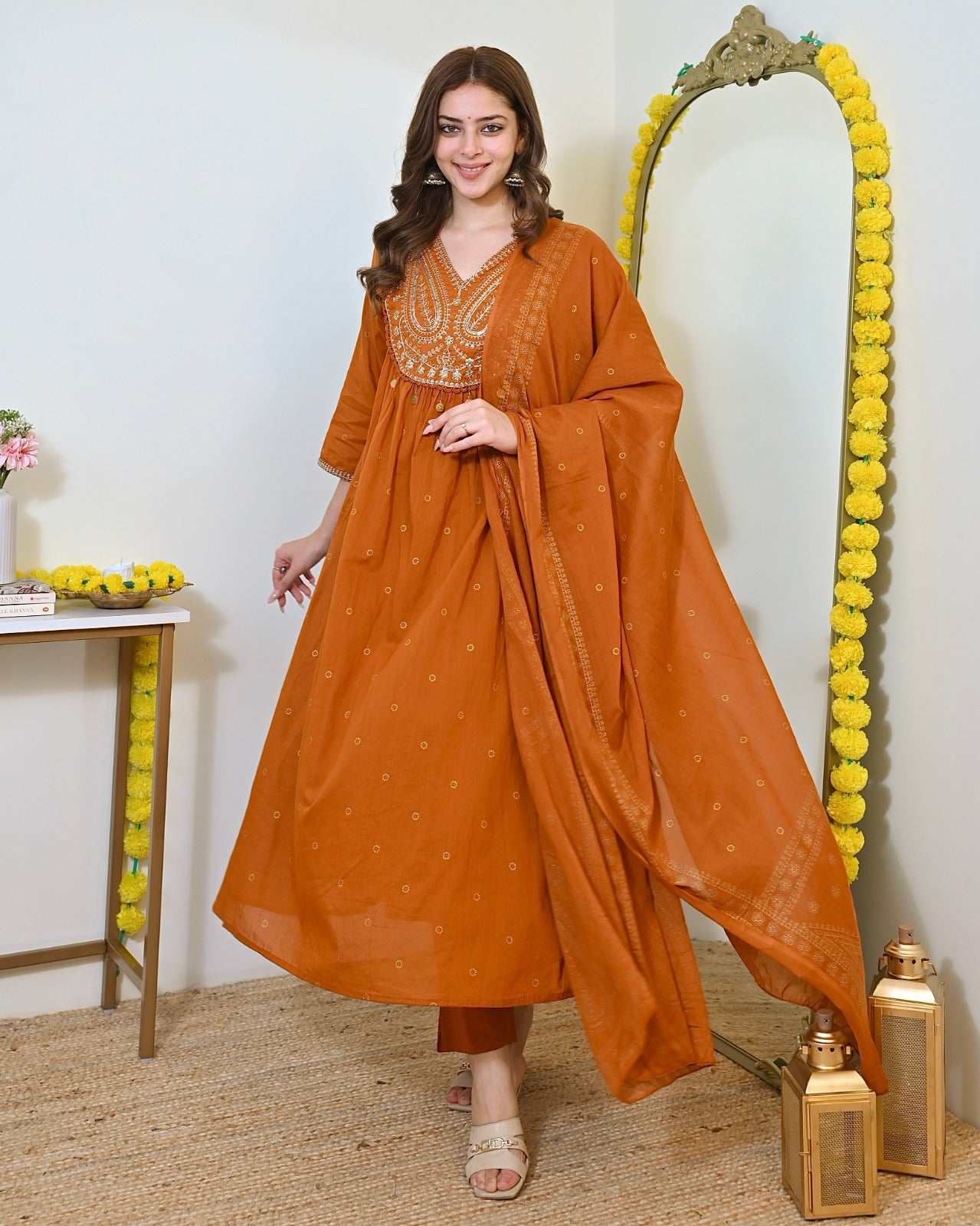Elegant Orange Mul Chanderi Embroidered Anarkali Suit Set with Dupatta