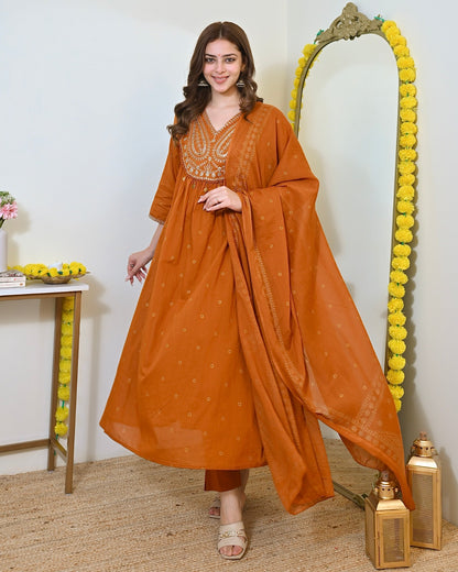 Elegant Orange Mul Chanderi Embroidered Anarkali Suit Set with Dupatta